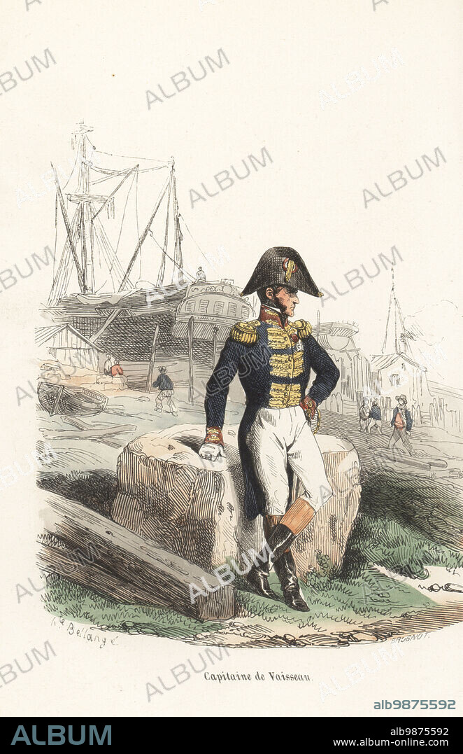 Uniform of a French naval captain, Napoleonic era. In bicorne with cockade, tailcoat with gold epaulettes and frogging, breeches and boots. On a shore in front of a ship. Capitaine de Vaisseau. Handcoloured woodcut by Brugnot after an illustration by Hippolyte Bellangé from P.M. Laurent de lArdeches Histoire de Napoleon, Paris, 1840.