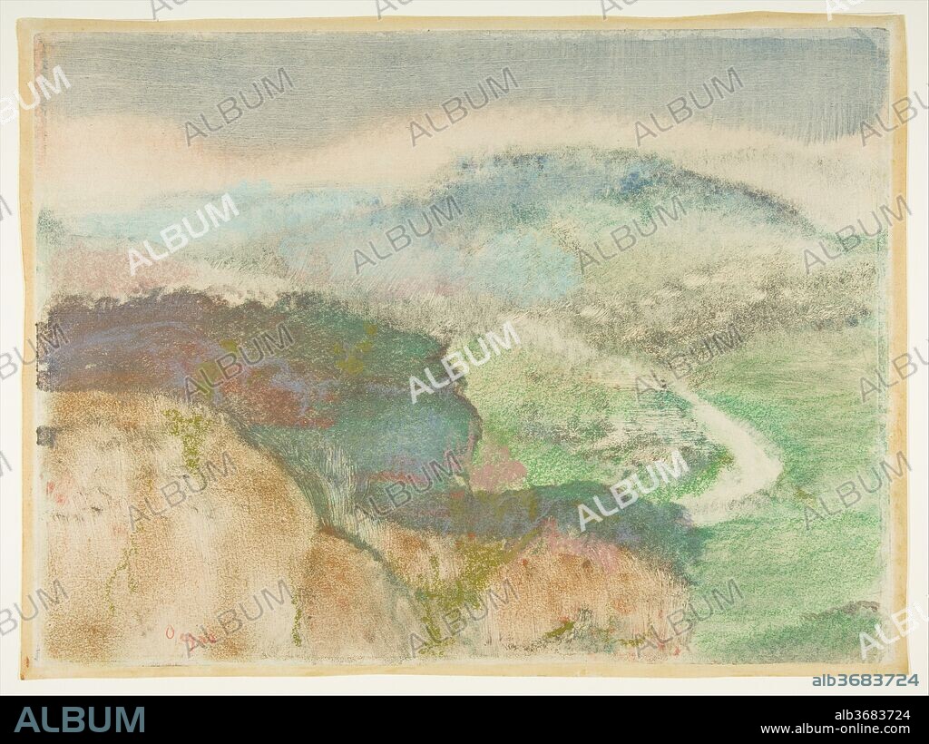 Landscape. Artist: Edgar Degas (French, Paris 1834-1917 Paris). Dimensions: sheet: 10 x 13 3/8 in. (25.4 x 34 cm). Date: 1892.
Degas undertook a series of landscape monotypes during a visit in October 1890 to the Burgundian estate of his friend, the artist Pierre-Georges Jeanniot. Over the course of the next two years, he made about fifty monotypes, a group of which he exhibited at the Durand-Ruel gallery in 1892. Although the artist called these views "imaginary landscapes," the present work is thought to reflect his experience traveling through Burgundy in a horse-drawn carriage. Using colored oil paints, overlaid with scumbled pastels, Degas produced a view of a mountainous landscape, partially obscured by mist, which verges on abstraction.