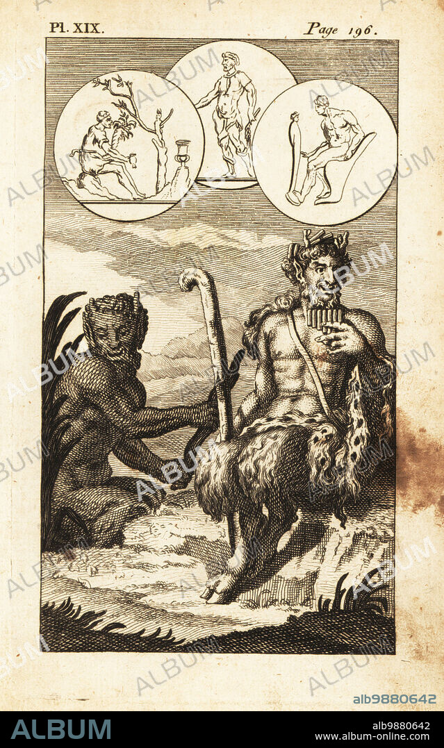 Pan, the Greek god of the wild, shepherds and flocks. Shown with cloven feet, playing the pan pipes, with a faun or satyr. Copperplate engraving from Andrew Tookes The Pantheon, Representing the Fabulous Histories of the Heathen Gods, London, 1757.
