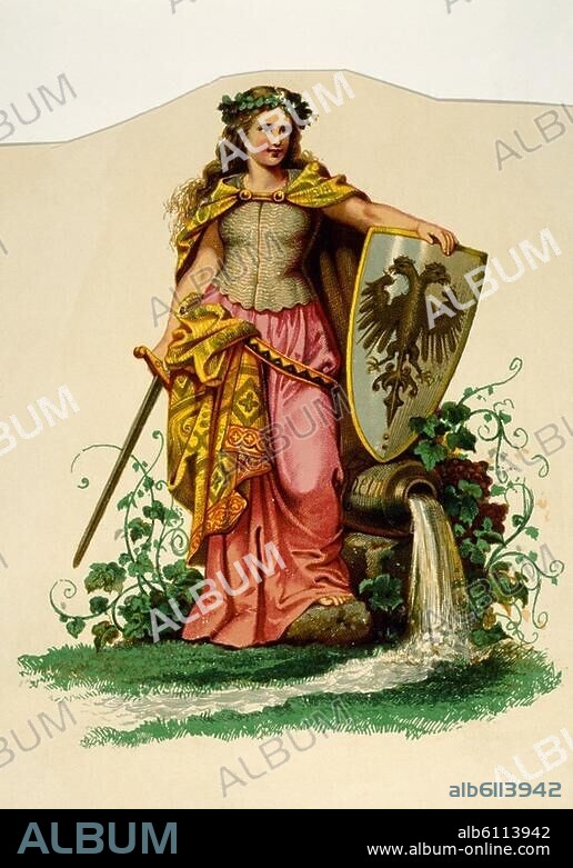Geschichte:. Deutschland / Germania. "Germania". Farblithographie. Aus: Musterbuch von Abziehbildern. B. Bickel, Buchbinderei & Schreibmaterialien-Handlung Baden-Baden, o. J. (um 1880). Berlin, Sammlung Archiv für Kunst und Geschichte.