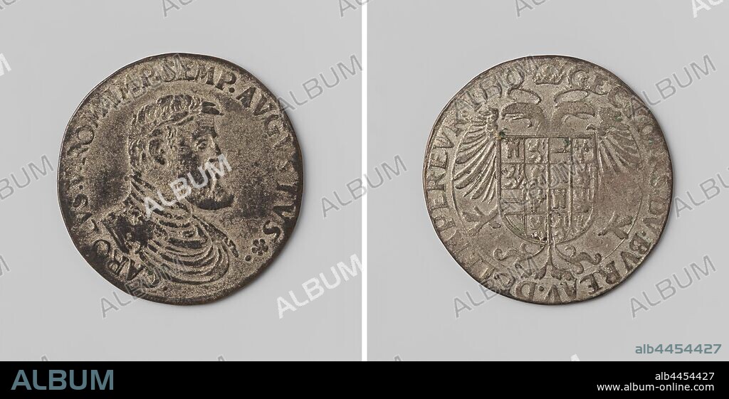 Charles V, German Emperor, calculation token from the Emperor's Office, Silver Medal. Obverse: man's chest piece with laurel wreath inside an inscription. Reverse: double-headed eagle with a coat of arms within an inscription, Charles V of Habsburg (German Emperor and King of Spain), anonymous, 1550, silver (metal), striking (metalworking), d 2.8 cm × w 4.71 gr.