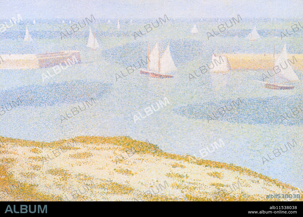 GEORGE SEURAT. Entrance to the Port of Bessin.  Georges-Pierre Seurat (2 December 1859 – 29 March 1891) was a French post-Impressionist painter and draftsman. He is noted for his innovative use of drawing media and for devising the painting techniques known as chromoluminarism and pointillism.