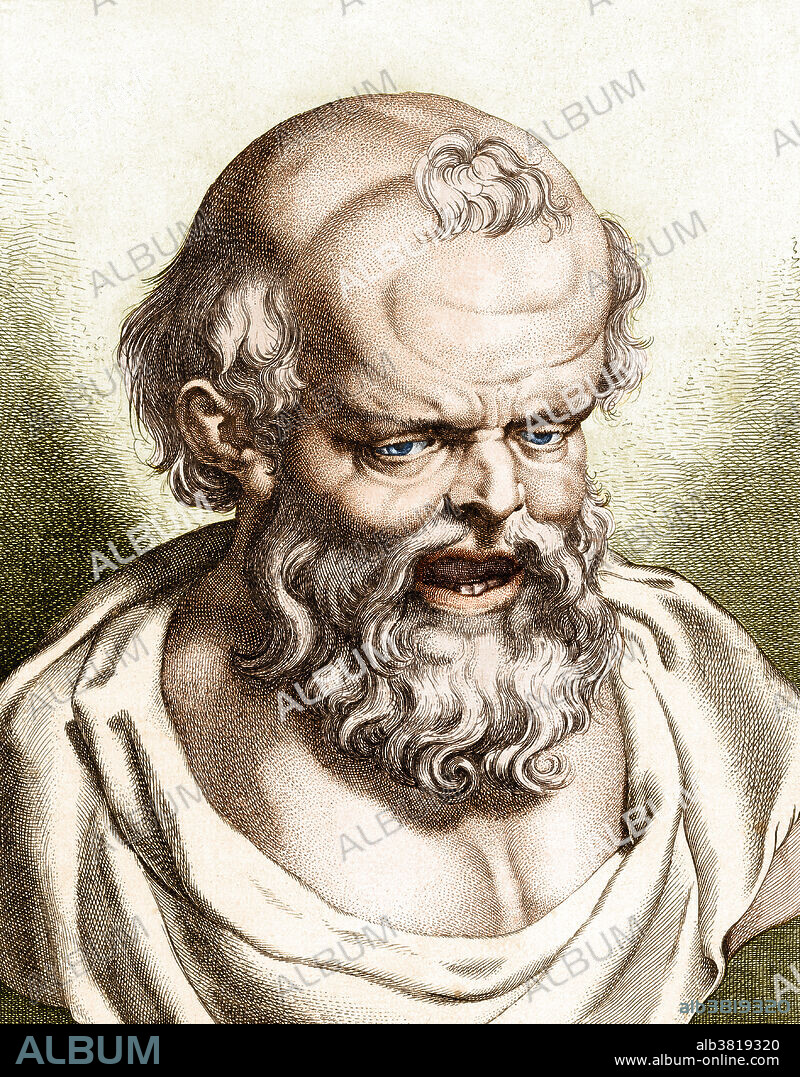 Democritus of Abdera (470-400 BC), Greek philosopher and the father of atomic theory. Democritus published works on ethics, physics, mathematics, cosmology and music. Very little has survived but his theories are known through commentaries on his work by later philosophers. In his atomic theory he stated that matter is made up of tiny indivisible particles called atoms. The properties of different substances were determined by the physical features of the atoms. For instance, atoms of water were smooth and round whilst atoms of fire were thorny. He believed that the motion of atoms was dictated by definite universal laws of nature and not by the will of the Gods. (Enhancement of BD8010).