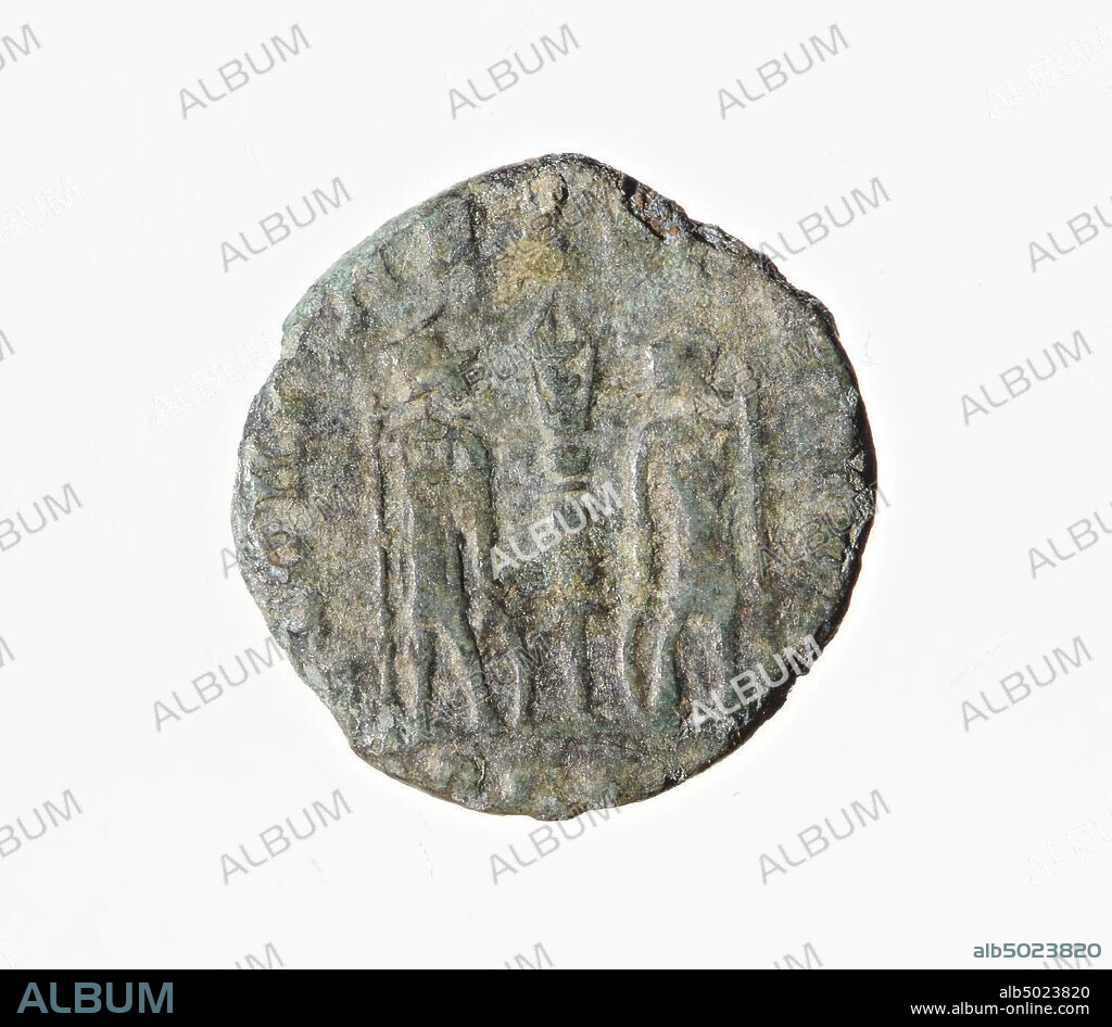 Vz: draped bust n.r., FL IUL CONSTANTIUS AUG, Kz: two soldiers and a field sign, GLORI -A EXER-CITUS, coin, follis, Constantius II August, metal, copper, Diam. 14 mm, wt. 1,19 gr, roman 337-341, the Netherlands, Limburg, Roerdalen, Melick.