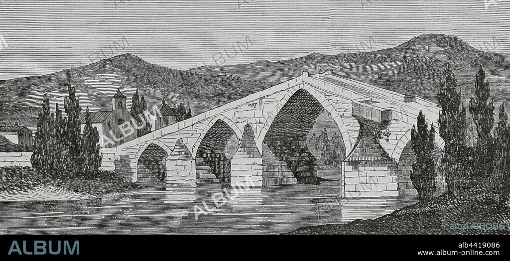 España. Galicia. Orense. Puente medieval sobre el río Miño. Dibujo por Miranda. Grabado por Sierra. Crónica General de España, Historia Ilustrada y Descriptiva de sus Provincias. Galicia,1866. Biblioteca Histórico Militar de Barcelona, Cataluña, España.