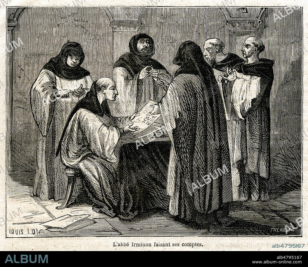 L'abbe IRMINON (mort en 829) de Saint-Germain-des-Pres faisant ses comptes a son polyptique (inventaire des biens de l'abbaye). Illustration de 1872 par Louis LION pour Histoire des Proletaires par Yves GUYOT (1843-1928) et Sigismond LACROIX (1845-1909). Credit : Collection Jonas/Kharbine-Tapabor.