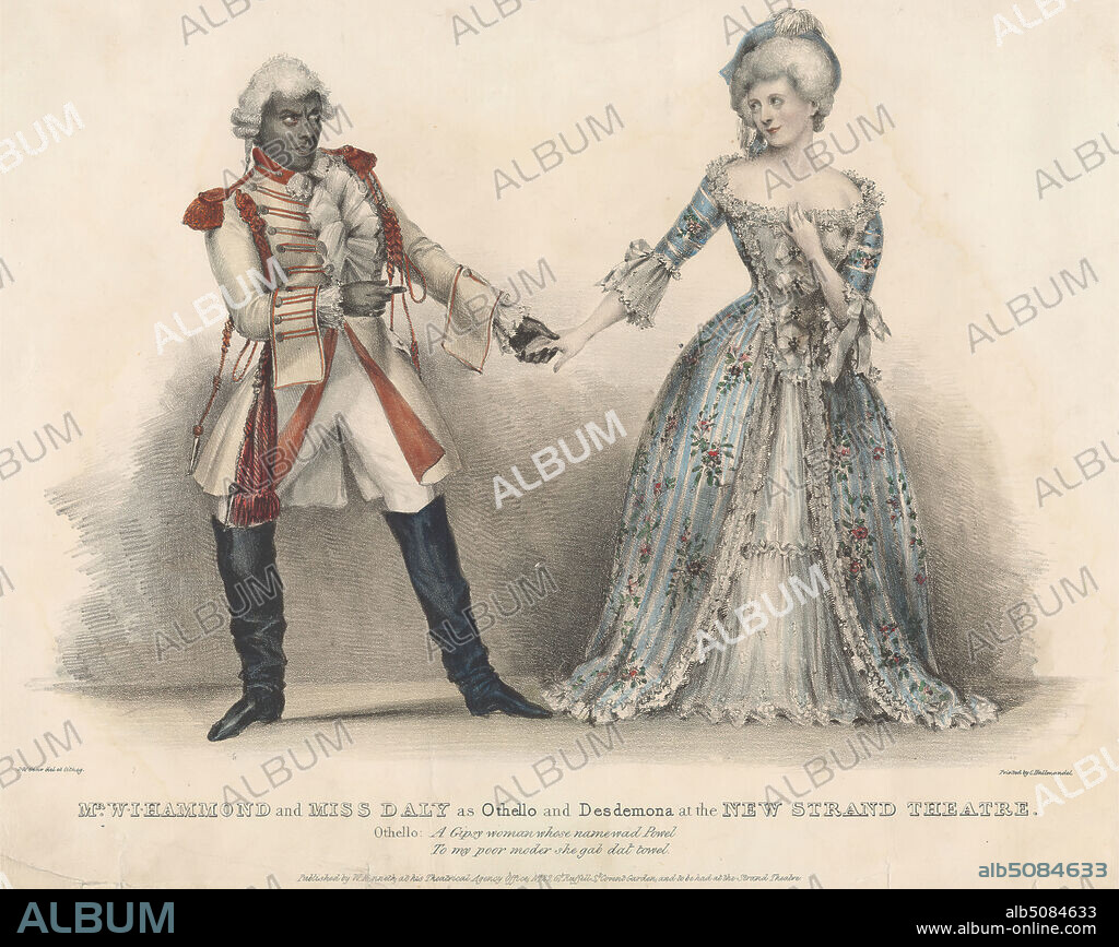 Mr. W. J. Hammond and Miss Daly as Othello and Desdemona at the New Strand Theatre, Print made by John W. Gear, 18061866, after John W. Gear, 18061866, Printed by Charles J. Hullmandel, 17891850, British, undated, Lithograph with watercolor on moderately thick, slightly textured, cream wove paper, Sheet: 10 5/16 x 14 9/16 inches (26.2 x 37 cm) and Image: 8 9/16 x 11 inches (21.7 x 28 cm), actor, actress, boots, costume, dress, gesturing, husband, literary theme, lovers, play, plays by William Shakespeare, tassels, The Tragedy of Othello, the Moor of Venice, play by William Shakespeare, theater, wife, wigs.