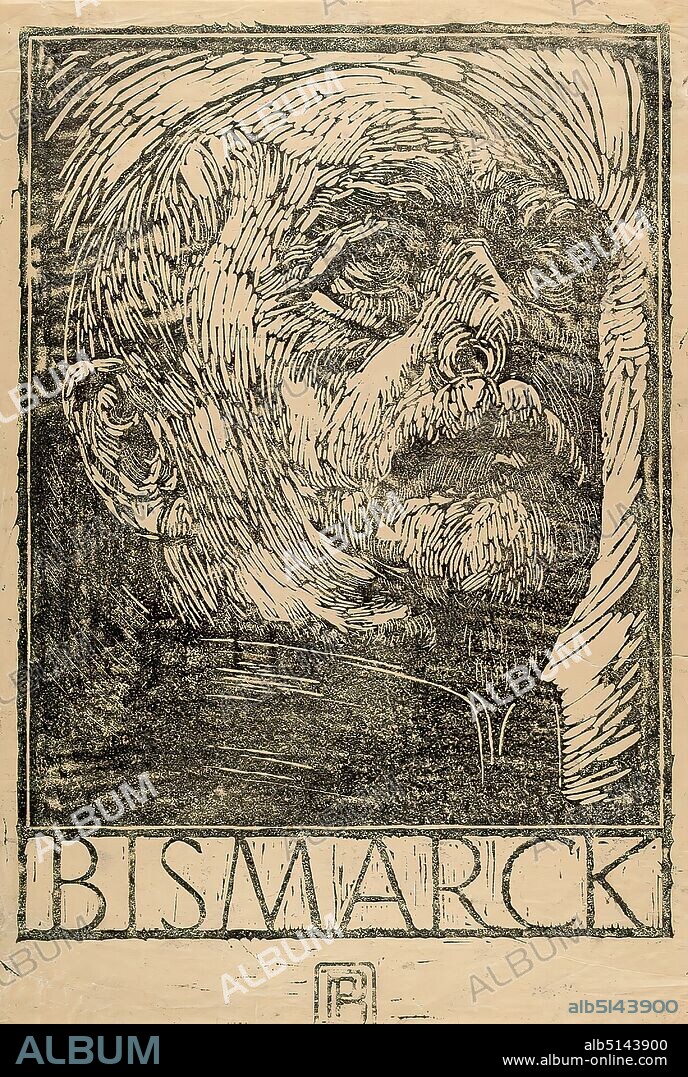 Peter Behrens, Bismarck, Gift, parchment, woodcut, woodcut on parchment paper, Total: Height: 37,6 cm; Width: 25,3 cm, monogrammed: recto and centered in the printing form: PB, printmaking,printing, Free Graphic (printmaking,printing), Portrait, Head picture, historical person, politician, Otto von Bismarck.
