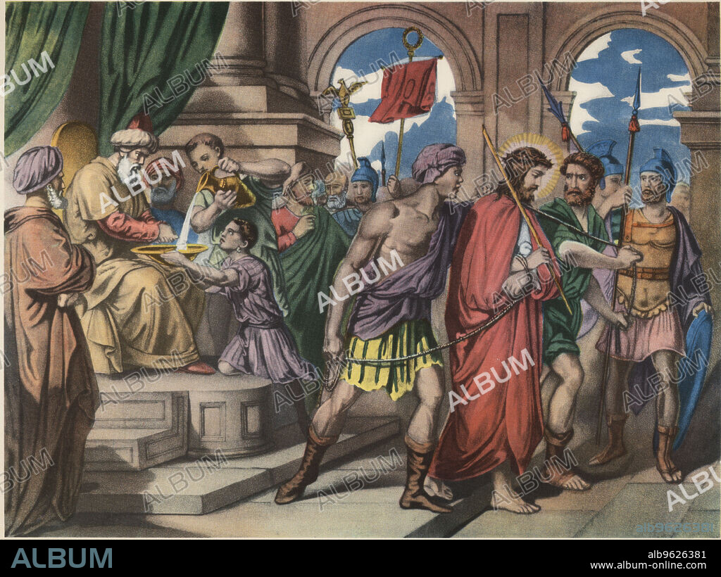 Stations of the Cross. First station. Jesus condemned to death. Drawing by Pascual. Barsal Editions, Barcelona, 1920s.