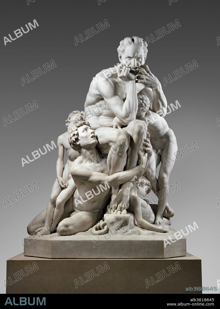 Ugolino and His Sons. Artist: Jean-Baptiste Carpeaux (French, Valenciennes 1827-1875 Courbevoie). Culture: French, Paris. Dimensions: Overall (confirmed): 77 3/4 × 59 × 43 1/2 in., 4955 lb. (197.5 × 149.9 × 110.5 cm, 2247.6 kg);
Pedestal (wt. confirmed): 3759 lb. (1705.1 kg). Date: 1865-67.
The subject of this intensely Romantic work is derived from canto XXXIII of Dante's Inferno, which describes how the Pisan traitor Count Ugolino della Gherardesca, his sons, and his grandsons were imprisoned in 1288 and died of starvation. Carpeaux's visionary statue, executed in 1865-67, reflects the artist's passionate reverence for Michelangelo, specifically for The Last Judgment (1536-41) in the Sistine Chapel of the Vatican, Rome, as well as his own painstaking concern with anatomical realism.