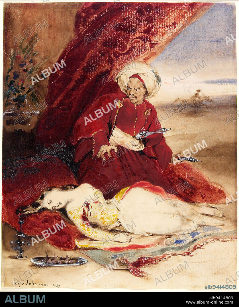 Leila, Hassan and the Giaour, 1829, Tony Johannot, French, 1803 - 1852, 8 1/4 x 6 13/16 in. (20.96 x 17.3 cm), Watercolor with gum arabic and heightening, France, 19th century.