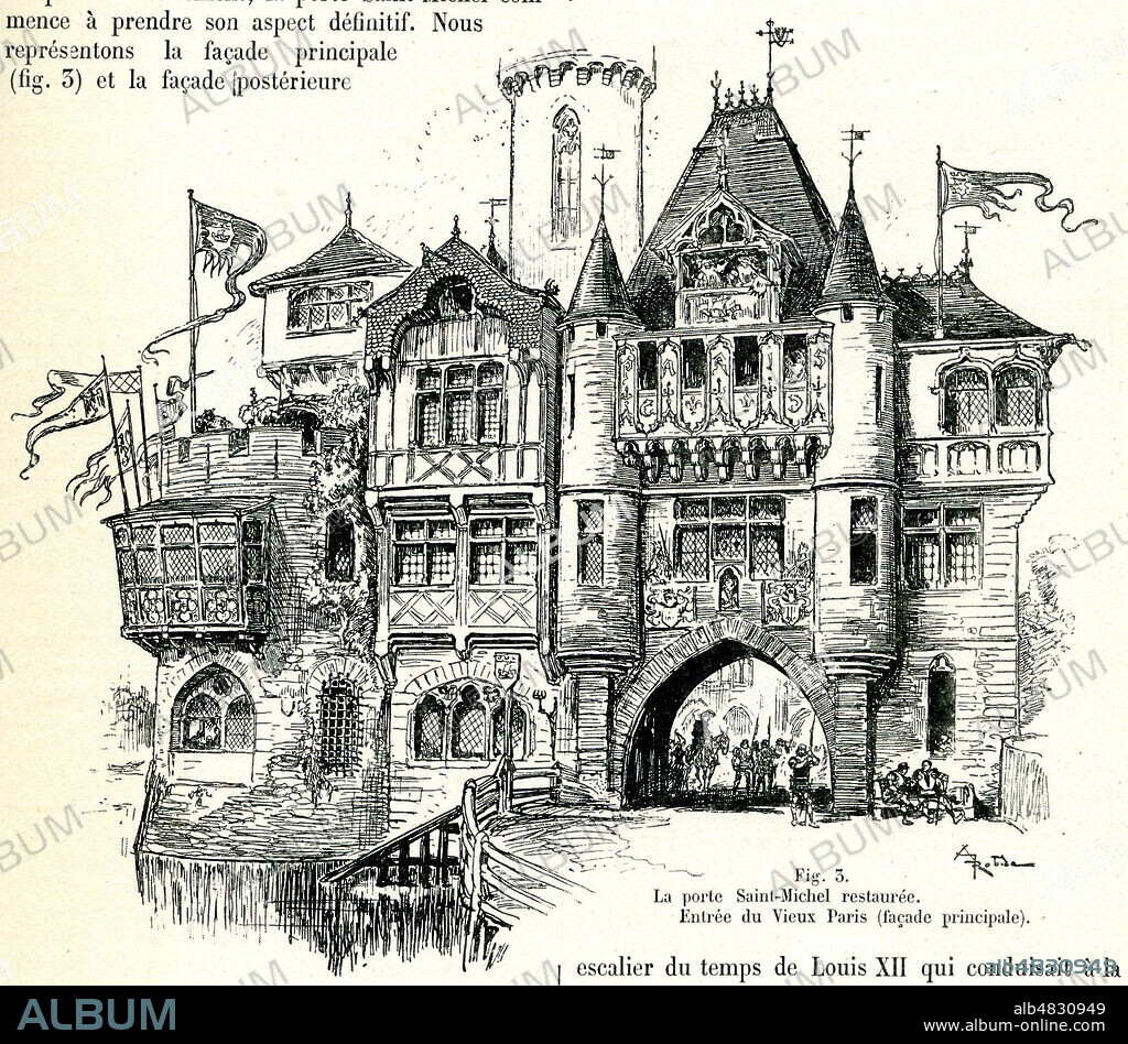 'La porte Saint-Michel restauree. Entree du vieux Paris (facade principale)'. Porte Gibard ou porte d'Enfer. Restauration du vieux Paris pour l'Exposition universelle 1900. Illustration par Robida (1848-1926) tiree de la revue La Nature du 25 mars 1899. Credit : Collection KHARBINE-TAPABOR.