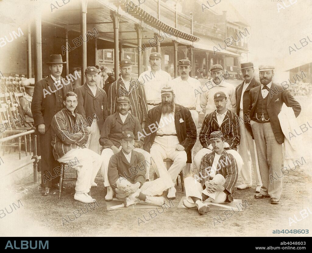 English cricket team, Trent Bridge cricket ground, Nottingham, Nottinghamshire, 1899. The England team for the First Test against Australia. The match was WG Grace's last for England. Captain of the team, he was 50 years old at the time, and although still worth his place as a batsman, his fielding had deteriorated considerably, prompting the Nottingham crowd to jeer and heckle the great man as balls were struck past him at point. Grace asked to not be selected for the Second Test. The match saw England hang on to secure a draw on the final day.