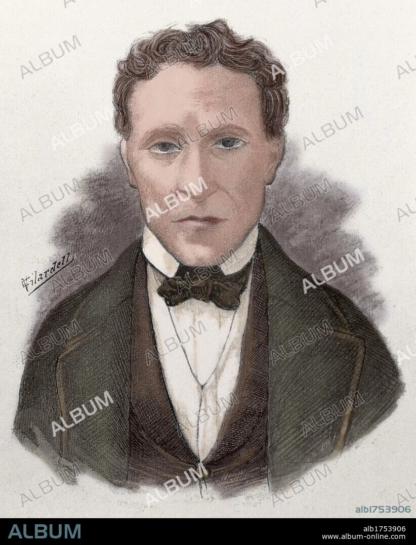 OLMEDO, José Joaquín (1780-1847). Patriota y poeta ecuatoriano. Presidente provisional de la república tras el derrocamiento del conservador Flores (1845). Grabado coloreado de "Americanos célebres" (1888) .