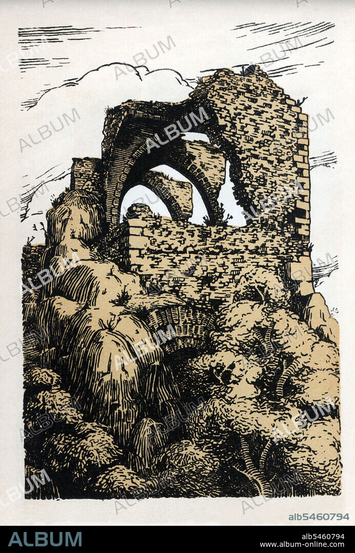 Castillos de España. Mallorca. Ojivas en ruina de la parte superior del castillo del Rey en Pollensa. Grabado de 1924.