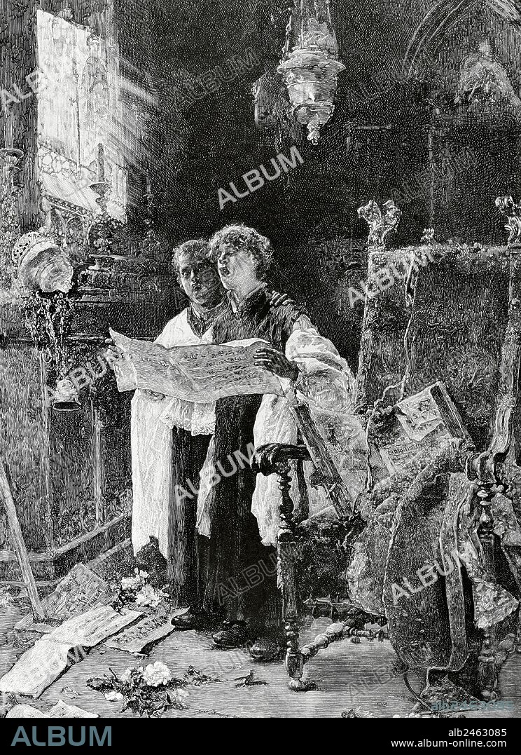 Spain. Altar server singing. Essay. Engraving by Perez. Painting by Arcadio Mas y Fondevilla. La Ilustracion Espanola y Americana. 1886.