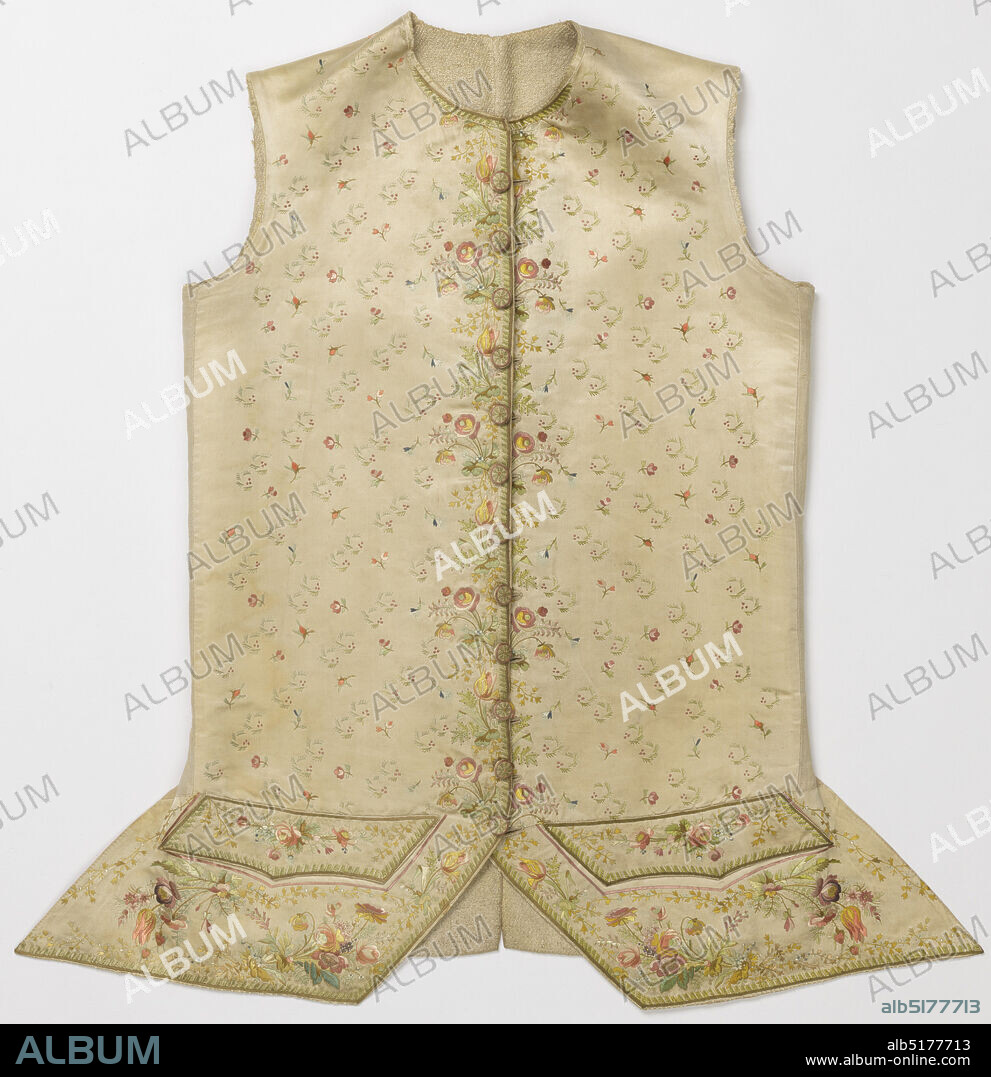 Waistcoat, Medium: silk embroidery, silk foundation, linen back Technique: embroidered on satin weave, White satin waistcoat embroidered in multicolored silks. Floral border along bottom edge below the pockets. Detached floral motif runs along the center front. Twelve worked buttons. Cutaway style., France, 17601780, costume & accessories, Waistcoat.