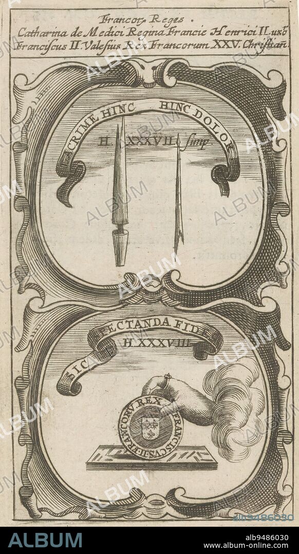 Broken lance / Hand with a coin on a touchstone, Lacrimae Hinc Hinc Dolor / Sic Spectanda Fides (title on object), Symbola Divina et Humana Pontificum Imperatorum Regum (series title), An emblem with two representations. Above a lance in two pieces. Below a hand in the clouds with a ring on the index finger. The hand holds a coin on a touchstone. These are currencies of Catherine de' Medici and Francis II of France., print maker: anonymous, after print by: Aegidius Sadeler (II), 1666, paper, engraving, letterpress printing, height 120 mm × width 67 mm.