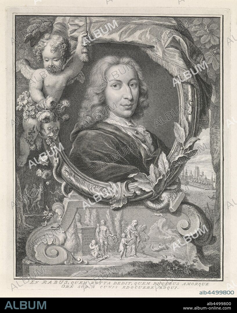 Portrait of Pieter Rabus, Portrait to the right of Pieter Rabus in an ornamental oval medallion. The portrait rests on a pedestal on which is a relief with the representation of some classicist figures near a gravestone and a pond with swans. To the left of the portrait a putto with flowers and in his left hand a cord, with which he pulls away part of a curtain above the portrait. A snake snaps at the flowers that it drops. In the left in the background three dancing naked female figures are spied on by two satyrs in a forest, on the right a look through to the city of Rotterdam. Below the show two lines in Latin, cupids: 'amores', 'amoretti', 'putti', sculpture (relief, sculpture), Pieter Rabus, Jacob Houbraken (mentioned on object), Amsterdam, 1744, paper, engraving, h 234 mm × w 186 mm.