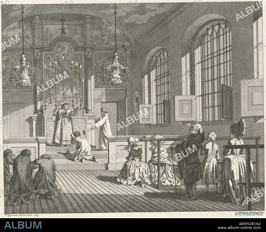 Interior of the Armenian Church in Amsterdam, Caspar Jacobsz. Philips, after Pieter Wagenaar (II), 1783, Interior of the Armenian Church in Amsterdam, in which a priest is saying mass., print maker: Caspar Jacobsz. Philips, (mentioned on object), intermediary draughtsman: Pieter Wagenaar (II), (mentioned on object), Amsterdam, 1783, paper, etching, h 222 mm × w 362 mm.