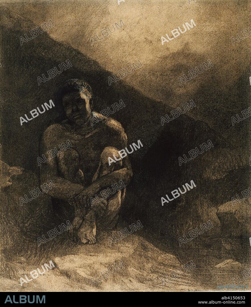 Primitive Man. Odilon Redon; French, 1840-1916. Date: 1872. Dimensions: 393 × 338 mm. Various charcoals, with touches of black chalk, stumping, wiping and erasing, heightened with touches of white and ocher gouache, on cream wove paper altered to a pale, golden tone. Origin: France.