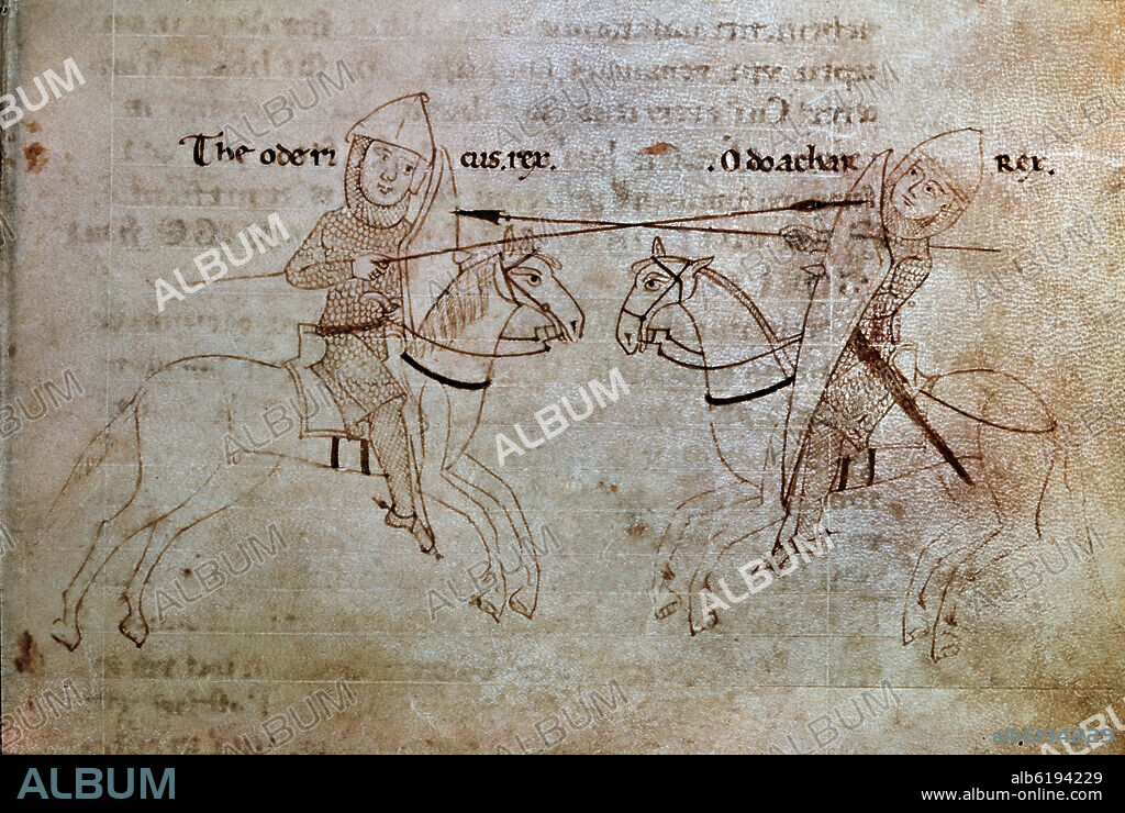 *DUELO A CABALLO ENTRE TEODORICO Y ODOACRO -  REPRESENTA ESCENA DEL S V - MANUSCRITO DEL XII.