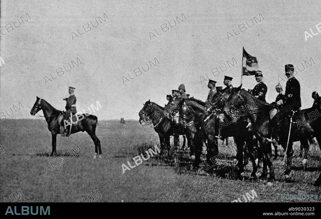 Photograph of Count Alfred Ludwig Heinrich Karl Graf von Waldersee (1832-1904) review of the ground at Tientsin. A German General field marshal who served as Chief of the Imperial German General Staff from 1888 to 1891 and as Allied Supreme Commander in China in 1900-1901.