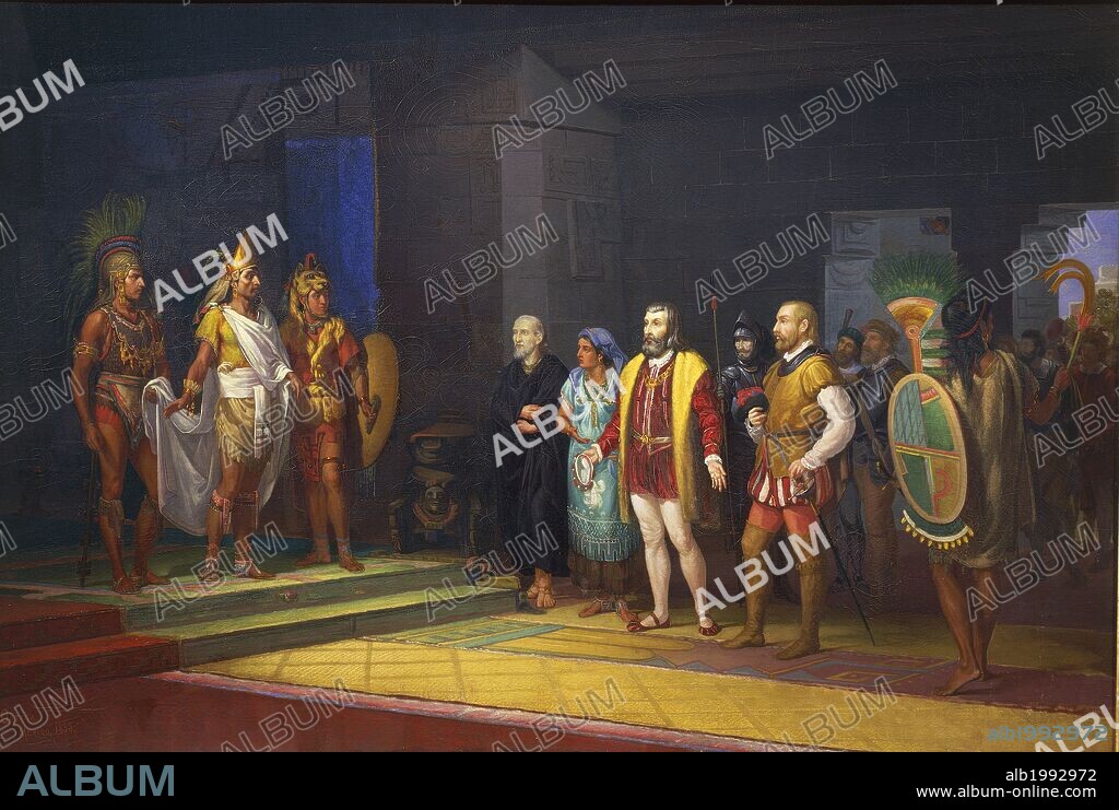 Hernan Cortes meeting Montezuma, painting by Juan Ortega, 1885. Mexico, 16th century.