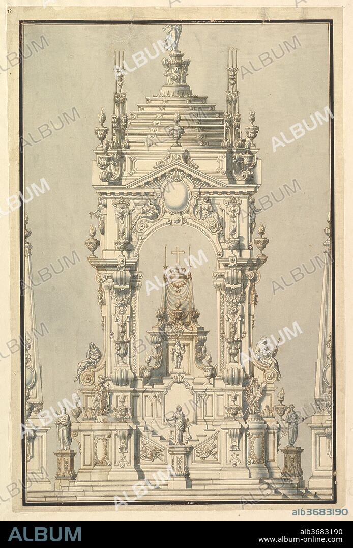 Elevation of a Catafalque with royal Crown and Order of the Golden Fleece, for a Duke of Lorraine, probably Leopold (d. 1729). Artist: Workshop of Giuseppe Galli Bibiena (Italian, Parma 1696-1756 Berlin). Dimensions: 20-3/8 x 13-1/2 in.  (51.8 x 34.3 cm). Date: around 1729.