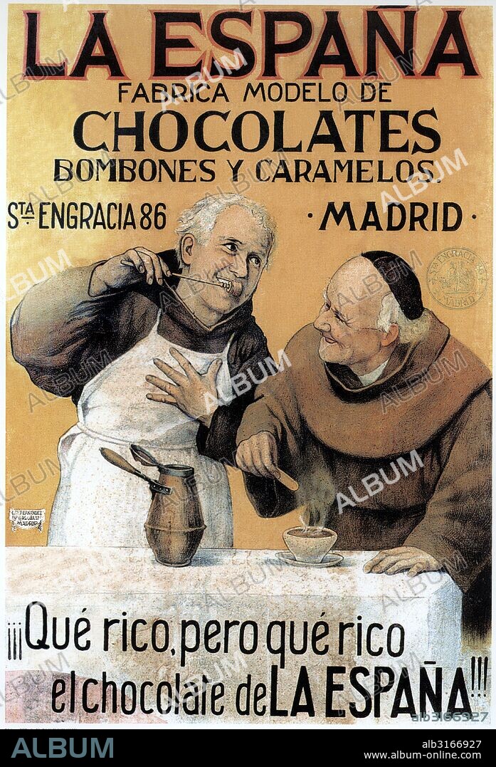 Publicidad. Chocolates La España, de Madrid; dos monjes preparando chocolate a la taza. Años 1940.