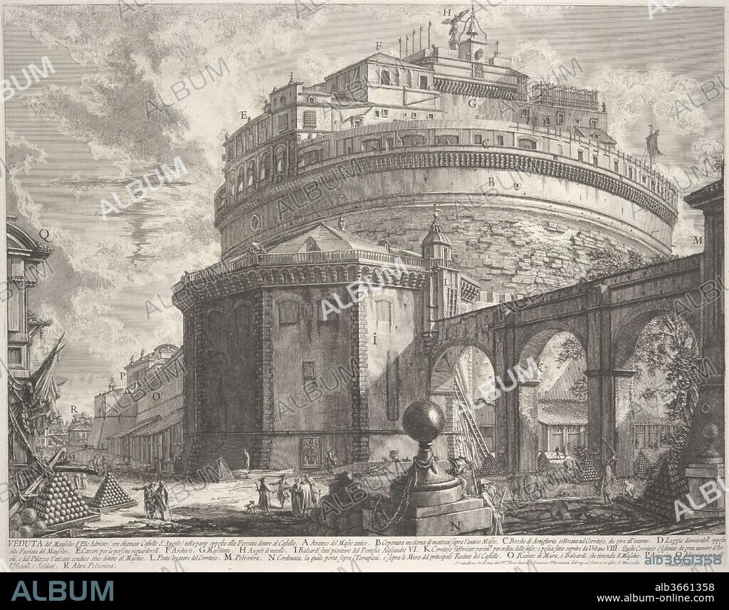 View of the Mausoleum of the Emperor Hadrian (now called Castel S. Angelo) from the rear, from Vedute di Roma (Roman Views). Artist: Giovanni Battista Piranesi (Italian, Mogliano Veneto 1720-1778 Rome). Dimensions: Sheet: 20 x 25 9/16 in. (50.8 x 65 cm)
Plate: 17 5/16 x 21 15/16 in. (44 x 55.8 cm). Publisher: Bouchard & Gravier (Rome). Series/Portfolio: Vedute di Roma. Date: ca. 1756.
Piranesi's earliest views of Rome, such as the Piazza del Popolo (37.45.3.49), had placed the principal buildings at the back of a vast, tilted space, filled with a diversity of human activity. By the mid-1750s, the monuments fill the space more commandingly, and are seen as if from below and close at hand, as in this view of the Castel Sant'Angelo. Piranesi produced this view at the same time he was working on the Antichità Romane (41.71.1.3.49; 41.71.1.3.53), his four-volume archaeological treatise, and it may have been originally intended for that work. The clear didactic character of the image and the type of lettering are characteristic of the Antichità Romane, although the dramatic view of the castle as it appeared in the eighteenth century is entirely in keeping with the other Vedute. The buildings at the top of the structure served as a gracious and well-fortified refuge for the pope in times of trouble--the corridor that stretches to the right atop huge arches leads all the way to the Vatican Palace.