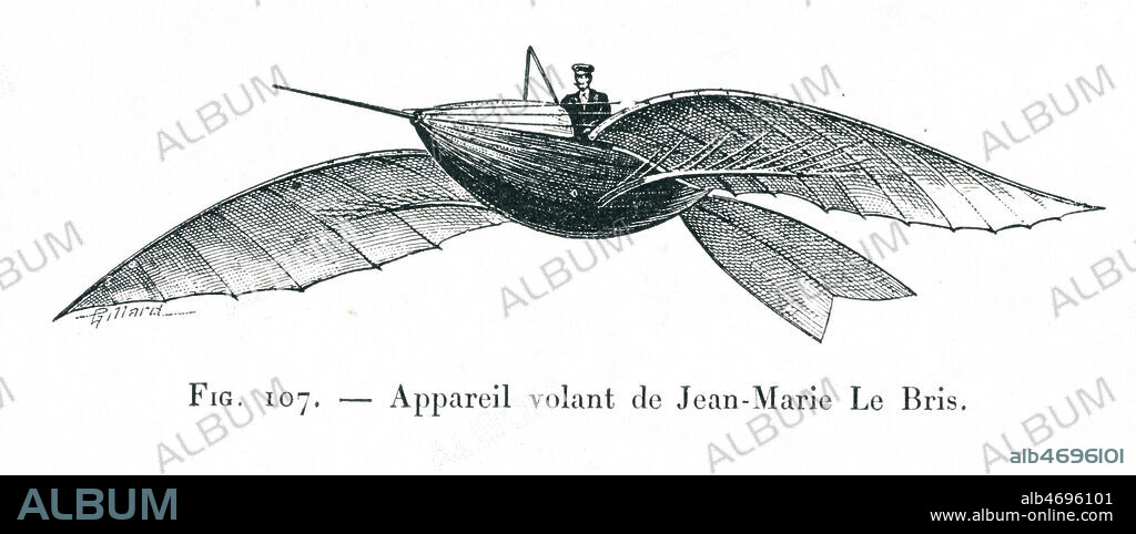 ' Appareil volant de Jean Marie Le Bris ' gravure in La navigation aerienne, debut 20eme siecle. Credit : Collection KHARBINE-TAPABOR.