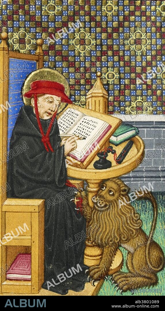 Saint Jerome in His Study. Painted by Master of Sir John Fastolf (French, active before about 1420 - about 1450); France; about 1430 - 1440. Tempera colors, gold leaf, and ink on parchment. Jerome (c.? 347 - 420) was a presbyter, confessor, theologian and historian, best known for his translation of most of the Bible into Latin (the translation that became known as the Vulgate), and his commentaries on the Gospels.