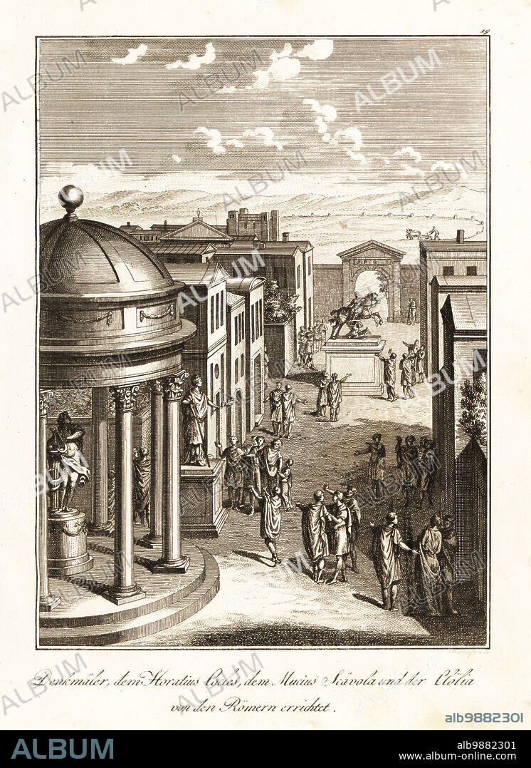 Statues of the Roman heroes Publius Horatius Cocles and Mucius Scaevola, and heroine Cloelia on horseback. Roman citizens admire the monuments on a street. Monumens eriges par les Romains a Horatius-Cocles, Scevola et Clelie. Copperplate engraving by Johann Georg Mansfeld after a design by Hubert-François Gravelot from Professor Joseph Rudolf Zappes Gemalde aus der romischen Geschichte, Pictures of Roman History, Joseph Schalbacher, Vienna, 1800. German edition of Abbe Claude Francois Xavier Millots Abrege de lHistoire Romaine.