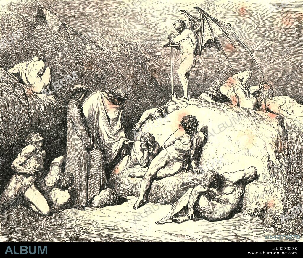 PAUL GUSTAVE DORÉ. 'Call thou to mind Piero of Medicina, if again returning', c1890. Dante and the Roman poet Virgil encounter Pier da Medicina who must hold open his windpipe to speak, as his wounds prevent sound from his mouth. Illustration from "The Vision of Hell" (Inferno), the first part of "The Divine Comedy" (La divina commedia) by Dante Alighieri. This long, narrative poem, written in Italian c1308-1321, tracing Dante's imaginary journey from Hell, through Purgatory and finally to Heaven and a beatific vision of God, has been published numerous times. This edition, published late 19th century, is illustrated by Gustave Dore. [Cassell Petter & Galpin, c1890].