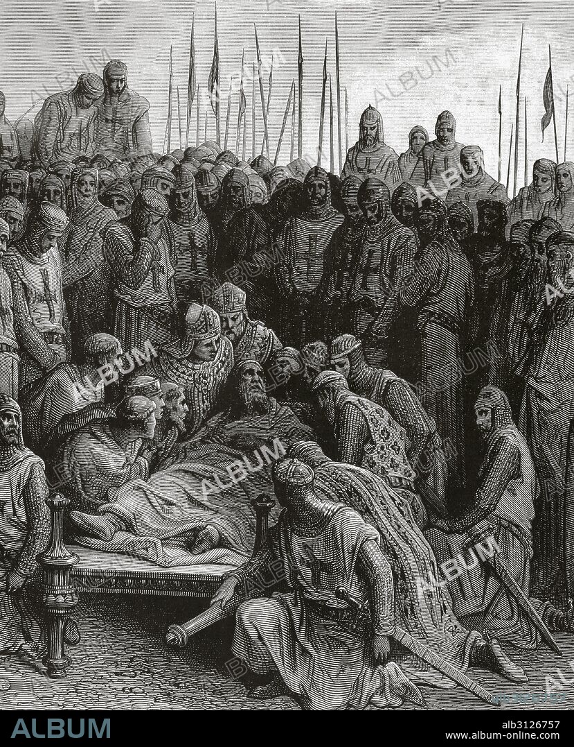 First Crusade (1096-1099). Raymond IV, Count of Toulouse (1041-1105) in his deathbed surrounded by the crusaders. Engraving by Gustave Dore (1832-1883).