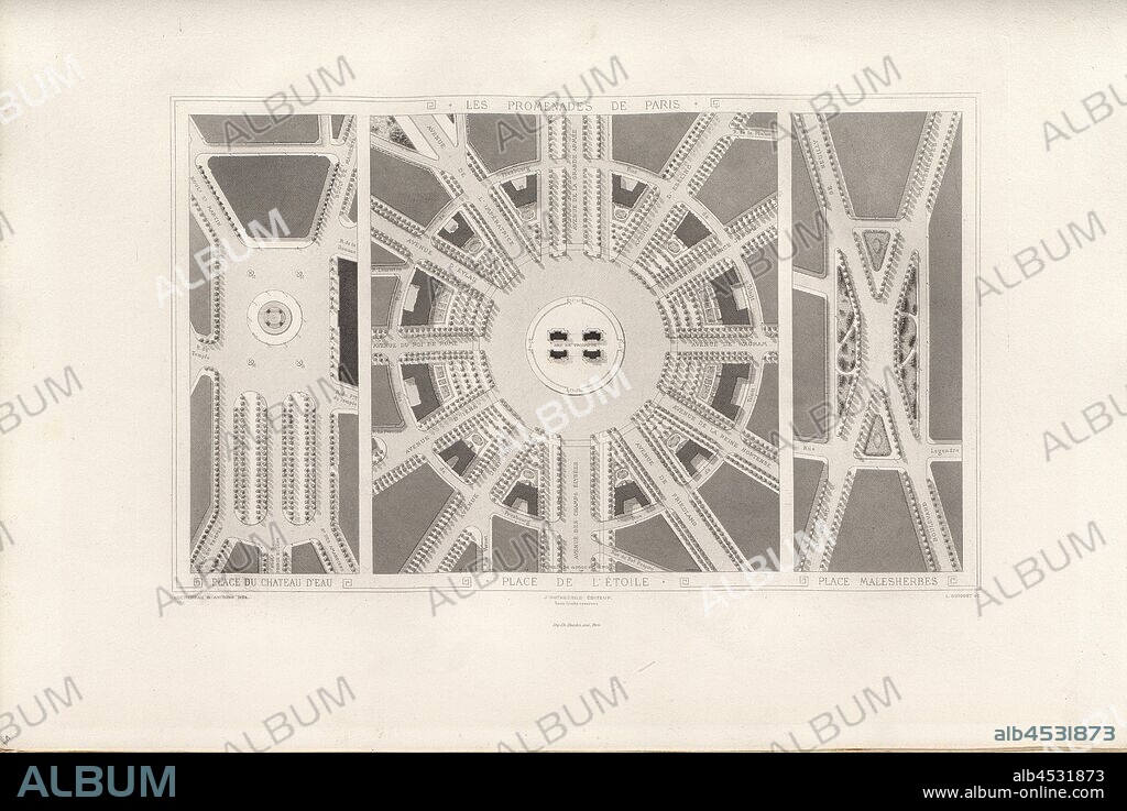 Star's Plaza, 19th century bird's eye view of Place de L'Étoile, signed; Hochereau & Antoine Del, J. Rothschild, Éditeur; L. Guiget, Sc, Fig. 11, p. 123, Hochereau, E. (del.); Antoine (del.); Rothschild, J. (ed.); Guiget, L. (sc.), Adolphe Alphand: Les promenades de Paris [...]. Planches. Paris: par J. Rothschild, 1867.