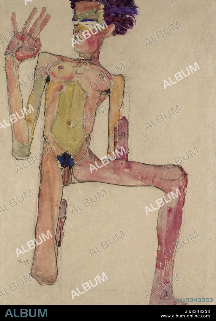 EGON SCHIELE. Kneeling Nude with Raised Hands (Self-Portrait).