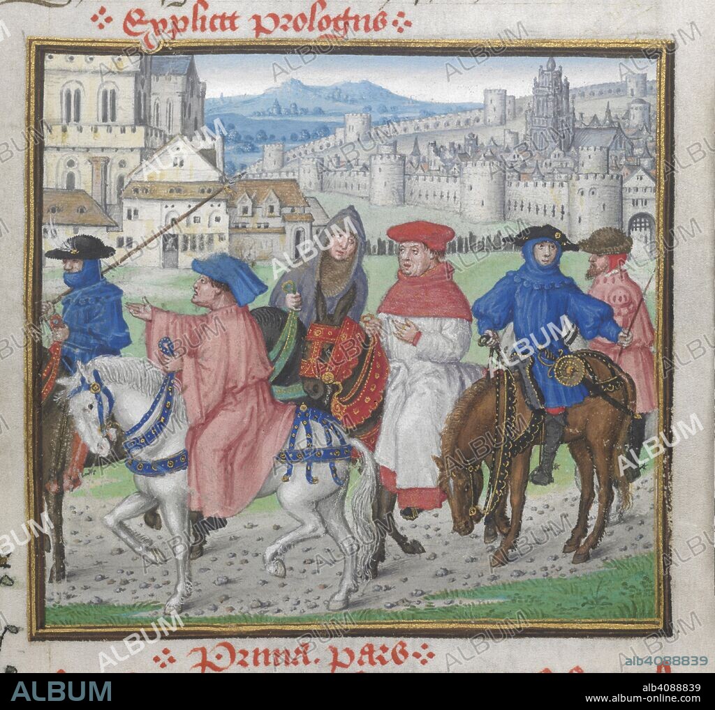 (Miniature) End of Prologue. John Lydgate and the Canterbury pilgrims leaving Canterbury. Siege of Thebes. England [London?]; circa 1455-1462. riding,walls,. Source: Royal 18 D. II, f.148. Language: Middle English.