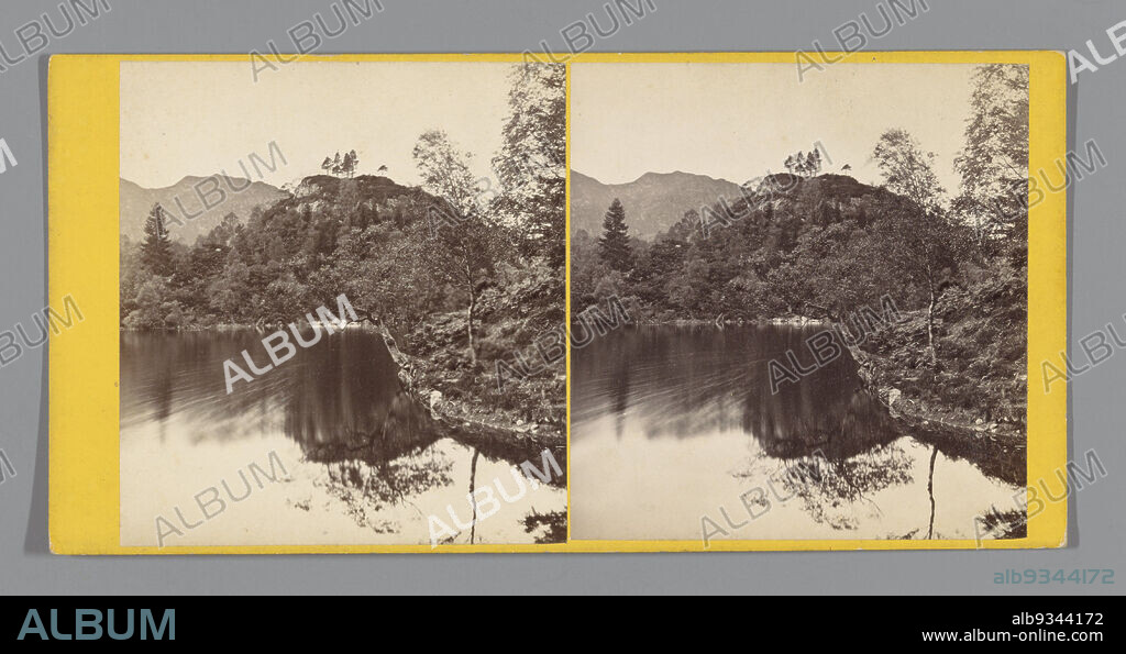 View of Loch Katrine, Loch Katrine, looking West (title on object), George Washington Wilson (mentioned on object), Loch Katrine, c. 1850 - c. 1880, cardboard, albumen print, height 85 mm × width 170 mm.