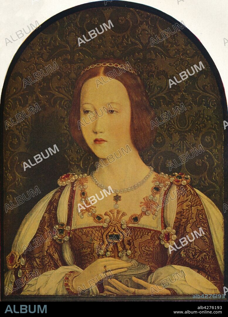 MICHAEL SITTOW. Portrait of a woman, possibly Isabella I of Castile, late 15th-early 16th century, (1930). Painting previously believed to have been of Mary Tudor, but the sitter wears the Crown Jewels of Castile and therefore may be Isabella I (1451-1504). From "The Connoisseur", Volume 86, edited by C. Reginald Grundy. [The Connoisseur Ltd, London, 1930].