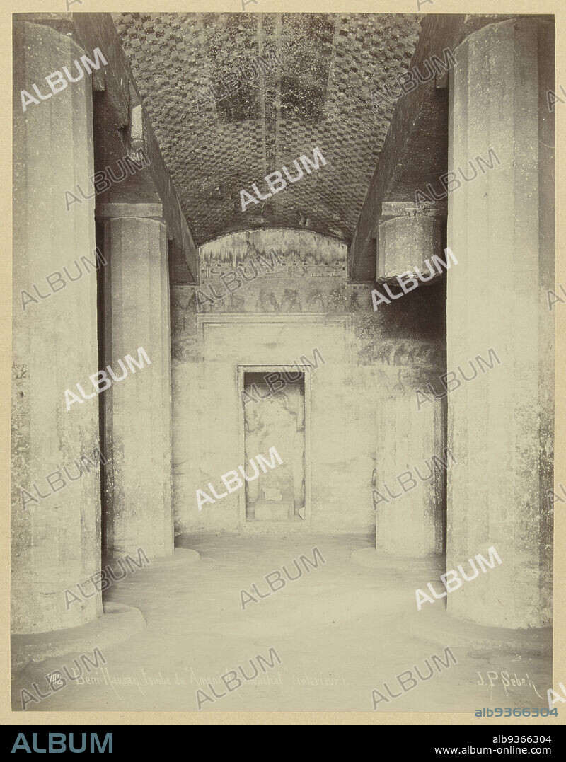 The tomb of Amenemhat VI of Egypt.E 58. Temple at Beni Hassan (interior). Upper Egypt. (title on object), Egypt (series title)702 Beni Hassan tomb the Ameni Amenemhat interior, The photograph is part of the series of photographs from Egypt collected by Richard Polak., Pascal Sébah (mentioned on object), Egypte, c. 1888 - c. 1898, photographic support, paper, albumen print, height 260 mm × width 197 mmheight 557 mm × width 467 mm.
