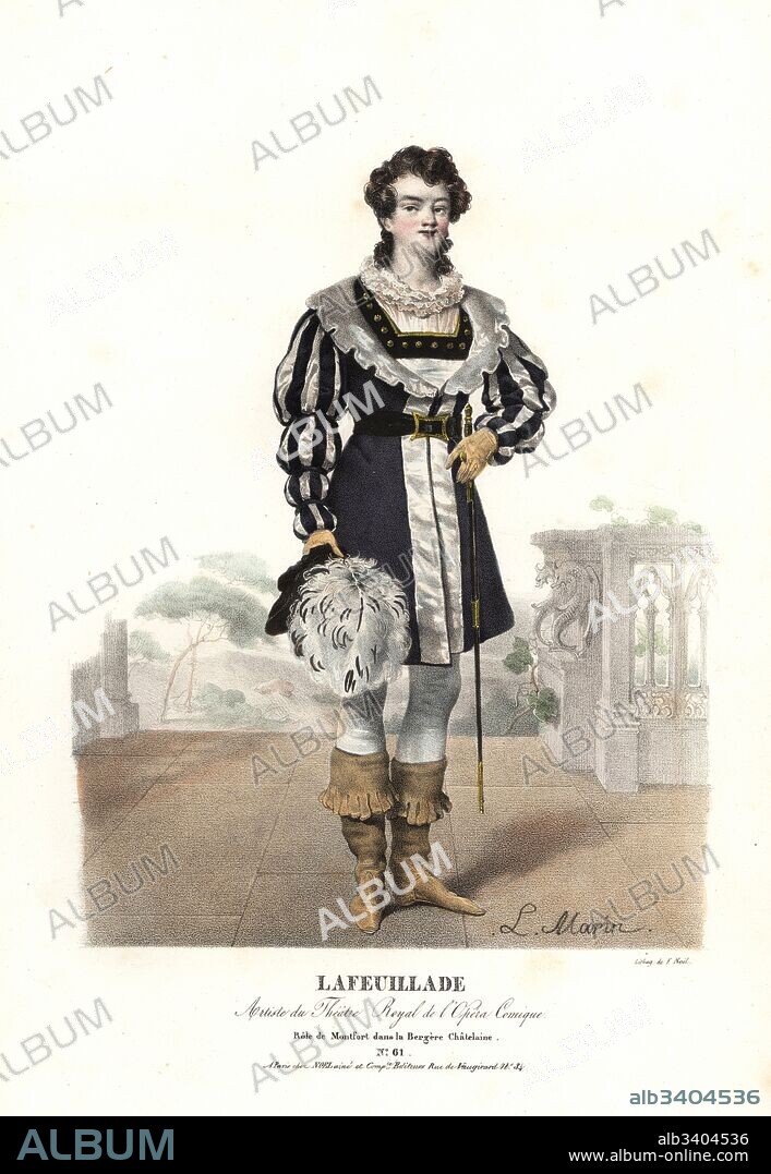 Tenor singer Lafeuillade as Montfort in La Bergere Chatelaine by Daniel Auber, Theatre Royal de l'Opera Comique, 1820. Handcoloured lithograph by F. Noel after an illustration by Lavigne Marin from Portraits d'Acteurs et d'Actrices dans different roles, F. Noel, Paris, 1825.