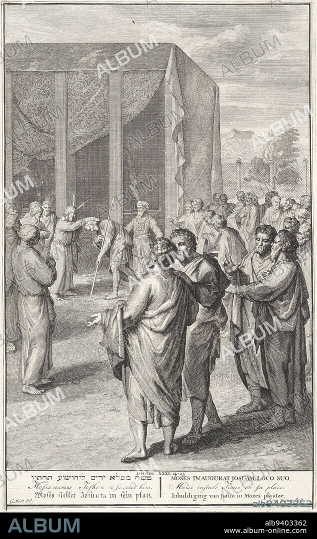 Inauguration of Joshua as Moses' successor, Jan van Vianen, after Gerard Hoet (I), 1720 - 1728, Moses designates Joshua as his successor and places his hands on his head in the presence of the high priest Eleazar and the community. Illustration of the Bible text Deut. 31: 14-23 and Num. 27: 18-23. Below the illustration the title in Hebrew, English, German, Latin, French and Dutch., print maker: Jan van Vianen, (mentioned on object), intermediary draughtsman: Gerard Hoet (I), (mentioned on object), publisher: Bernard Picart, (possibly), publisher: Amsterdam, publisher: The Hague, 1705 - 1720 and/or 1720 - 1728, paper, etching, engraving, h 355 mm × w 220 mm.