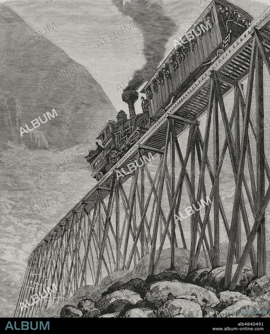 TOMáS CARLOS CAPUZ (1834-1899). SPANISH ENGRAVER.. History of the Railway. 19th century. United States. Tourist train descending through Mount Washington railway line. Engraving by Capuz. La Ilustración Española y Americana (The Spanish and American Illustration), 1878.