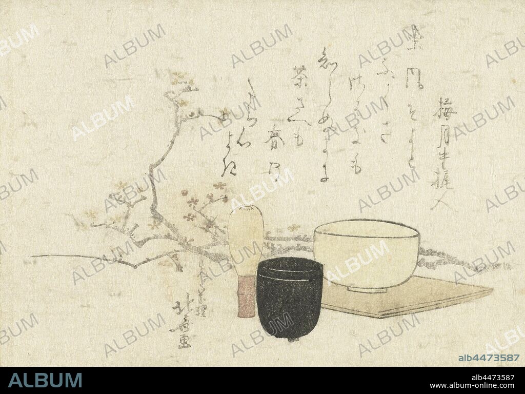 Supplies for the tea ceremony, Supplies for the Japanese tea ceremony, with plum blossom. A tea bowl, black lacquered tea canister and bamboo whisk. With one poem., Katsushika Hokusai (mentioned on object), Japan, 1794 - 1804, paper, polishing, h 96 mm × w 137 mm.
