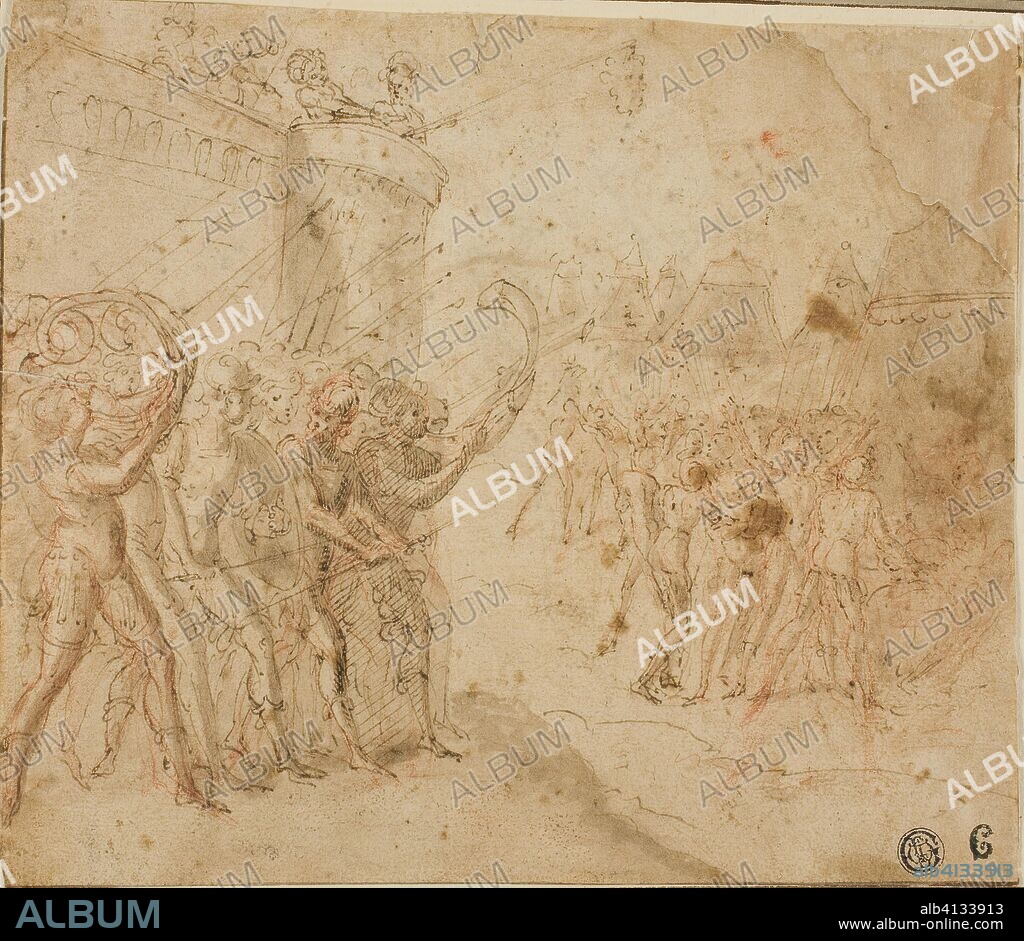 CIRCLE OF JACOPO ZANGUIDI BERTOJA. Joshua Commanding the Israelites. Circle of Jacopo Zanguidi, called Bertoia (Italian, 1544-1573/77); or Circle of Federico Zuccaro (Italian, 1540/41-1609. Date: 1564-1574. Dimensions: 195 x 223 mm (max.). Pen and brown ink with red chalk and brush and brown wash, on tan laid paper. Origin: Italy.