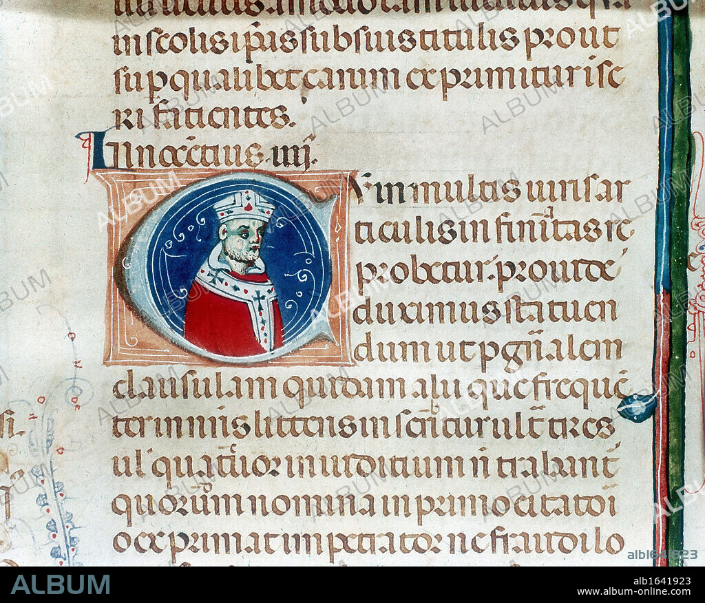 Pope Innocent IV (1243-1254) born Sinibaldo Fieschi. His belief in universal dominion of Papacy clashed with the  aim of Frederick II (1194-1250), Holy Roman Emperor, to expand Imperial power in Italy at expense of the church.    Depiction from initial letter of manuscript.