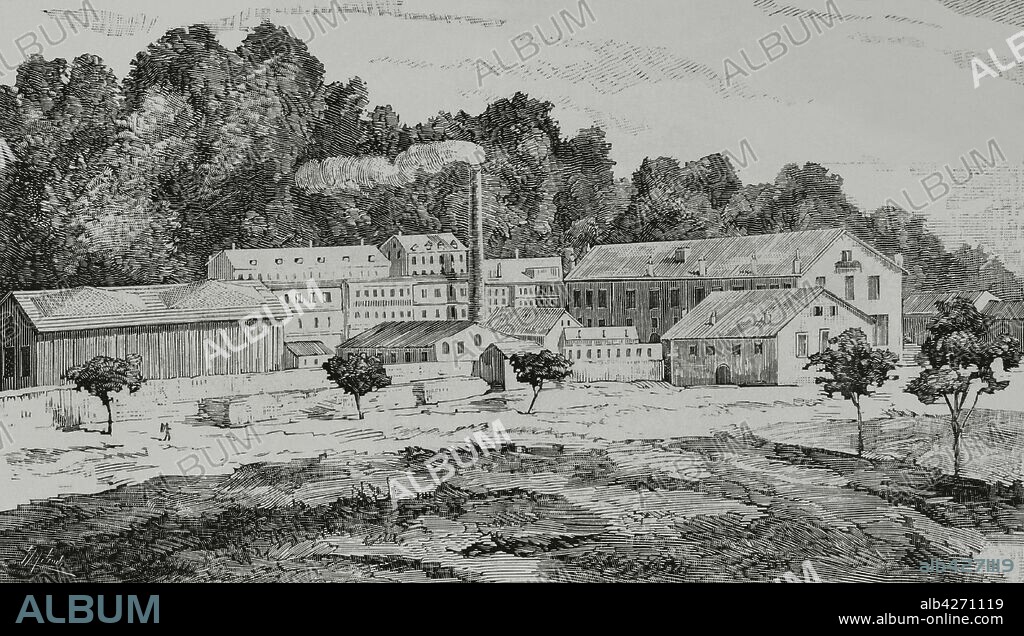 Suiza, Vevey. Fábrica de"harina láctea"comercializada por la empresa alimentaria"Farine Lactée Henri Nestlé", fundada en 1866 por Henri Nestlé. En 1866, Henri Nestlé creó una combinación de leche en polvo y harina de trigo, iniciándose su producción industrial en 1868. En pocos años sus productos invadieron casi toda Europa y América, en ocasiones reemplazando por completo a la lactancia, y otras, la mayoría de ellas, supliendo la escasez de la leche materna. Tras sus primeros productos de leche condensada y de leche en polvo para lactantes, la compañía creció fuertemente, fusionándose en 1905 con la"Anglo-Swiss Milk Company"dando lugar al"Grupo Nestlé". Grabado. La Ilustración Española y Americana,22 de diciembre de 1881.