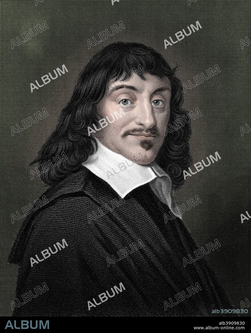 Rene Descartes, French philosopher and mathematician, 1835. Nineteenth century engraving of Descartes (1596-1650) who is regarded as one of the great figures in the history of Western thought and is widely considered to be the father of modern philosophy. (Colorised black and white print).